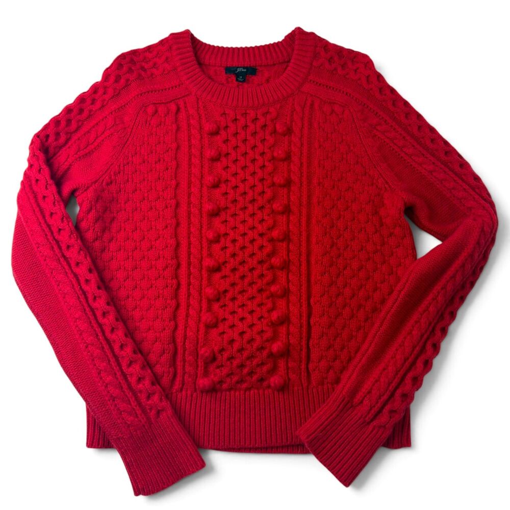 j.crew red lambswool blend cable knit bobble sweater textured fisherman medium